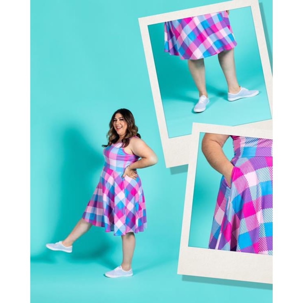 🦄 Pink & Blue Plaid Swing Dress